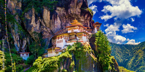 Panorama view of Tiger nest monastery on a bright bluesky day, Taktshang Goemba, Paro, Bhutan
