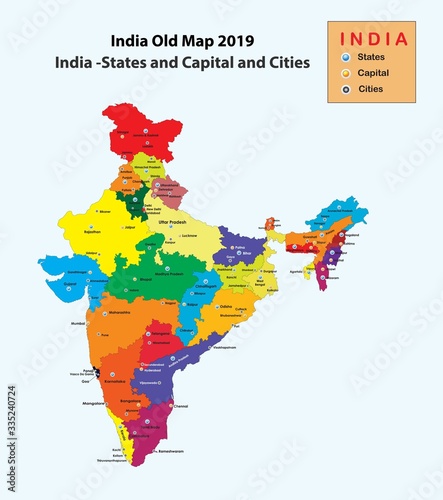 India map 2019. India old map with States capital and cities name. popular cities in India.