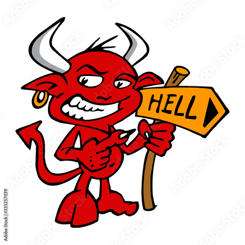 Devil rascal with big smile and directional arrow shows the way to hell, color cartoon