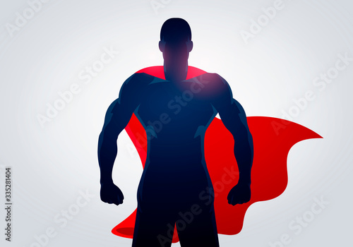 Vector Illustration Superhero In Strong Pose With Cape. Silhouette Of A Super Hero Man
