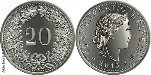 20 centimes coin Swiss franc, 20 in wreath of gentian on reverse, head of Liberty and CONFOEDERATIO HELVETICA on obverse, official coin in Switzerland