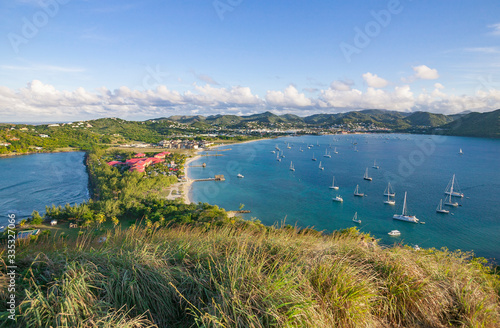 sailing yachts and motor vesseös anchoring in Rodney Bay on caribbean tropic island of St.Lucia, windward Islands, West Indies