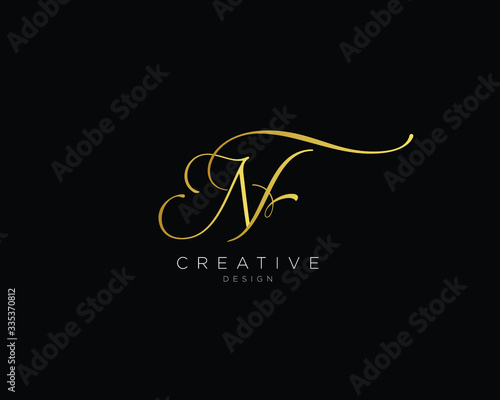 Letter NF Logo Design, Hand Written NF Monogram In Gold Color