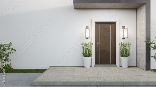 New house with wooden door and empty white wall. 3d rendering of large patio in modern home.