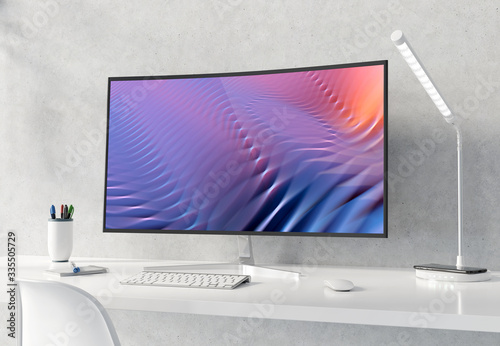 Curved monitor on white desktop and concrete interior mockup 3D rendering