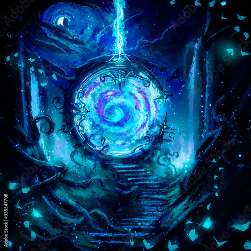 A beautiful magical round portal to which a staircase entwined with horses leads, luminous waterfalls and a crescent moon in the sky behind it. 2d illustration