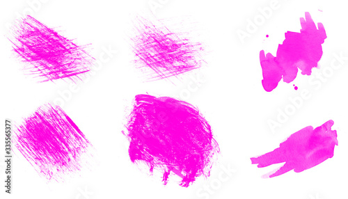 Abstract set of purple watercolor splashes, blot and scratches