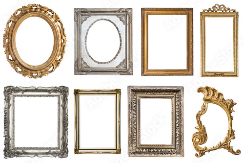 Vintage beautiful silver and golded frames with an ornament isolated on white. Retro style.