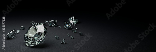 3D Rendering many size diamonds on dark gray surface