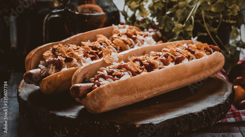 Two hot dogs closeup with ingredients.