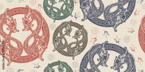Two Dragons in celtic style. Seamless pattern. Packing old paper, scrapbooking style. Vintage background. Medieval manuscript, engraving art. Meditation, philosophy, harmony symbol