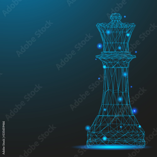 Chess piece queen consisting of points and lines. Low poly wireframe on blue background. Creative minimal concept. Abstract illustration of a starry sky of galaxies. Digital Vector illustration.