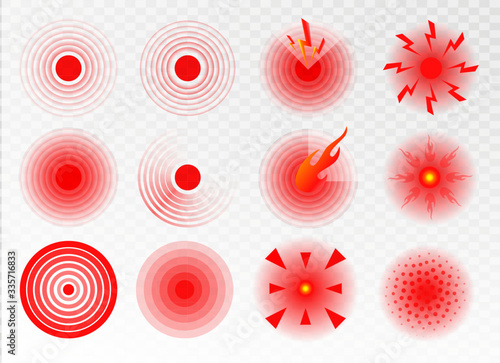 Pain localization mark, set of abstract symbols of pain. Red circles for marking human pain. Headache, hurt body part marker, muscular joint pain