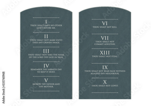 A vector illustration of two stone tablets with the ten commandments etched on them on an isolated white background