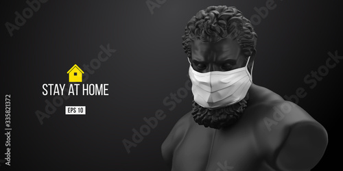 Novel coronavirus COVID-2019. Black statue of Hercules symbolizes masked man on a black background. Virus 2019-nCoV logo. Stay at home challenge. Medical mask and virus protection. Vector illustration