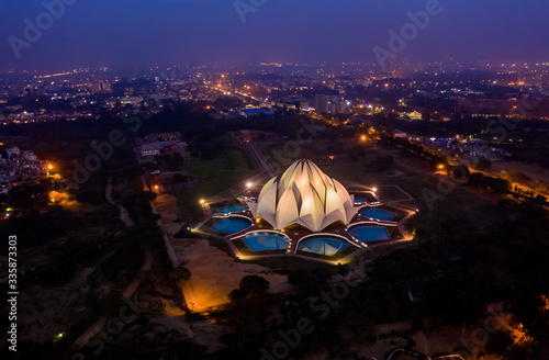 Delhi lotus building at night, India, aerial drone view