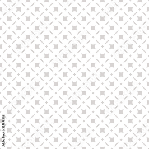 Subtle abstract floral seamless pattern. Vector gray and white background. Simple geometric leaf ornament. Luxury silver graphic texture with diamond shapes, squares, grid. Minimalist repeat design