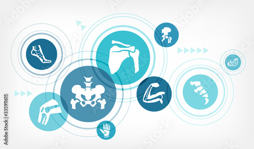 orthopedics vector illustration. Concept with connected icons related to orthopedic surgery, arthritis, skeletal and bone medical treatment or physical therapy.