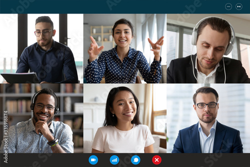 Team working by group video call share ideas brainstorming negotiating use video conference, pc screen view six multi ethnic young people, application advertisement easy and comfortable usage concept