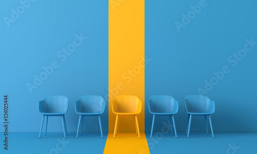 Yellow chair standing out from the crowd. Business concept. 3D rendering