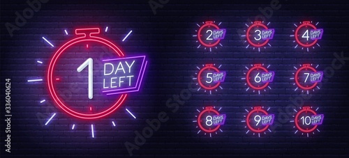 Neon sign countdown days to event on brick wall background. Number of days left.