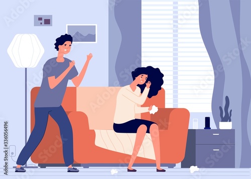 Domestic violence. Man screams at woman. Girl crying on sofa in the living room. Couple quarreling vector illustration. Woman and man violence, domestic abuse and shouting