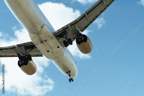 front of a commercial airplane flying