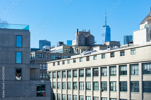 Rooftop Scene in Dumbo Brooklyn with a view of the Lower Manhattan Skyline of New York City