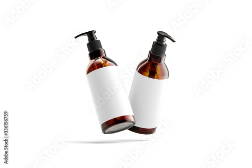 Blank amber glass pump bottle with white mockup, no gravity