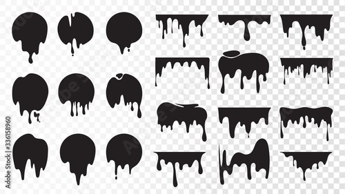 Black dripping ink. Isolated spots of paint, floating oil blots vector set. Blob paint, ink splatter black, stain and drip illustration