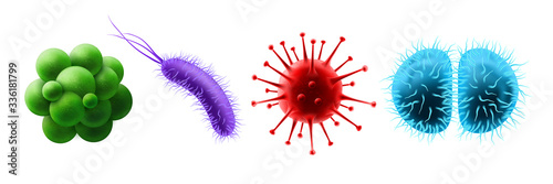 Set of isolated probiotic bacteria and virus, germ and microbe, microorganism. Realistic gonococcus and coronavirus, staphylococci or cocci, bacillus cell. Microbiome organism. Disease, ill, pathogen