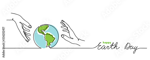 Happy earth day vector background. Simple planet and hands. Minimalist web banner, earth day vector illustration. One continuous line drawing