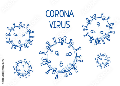 Set of corona virus icons. Hand drawn line art cartoon vector illustration.