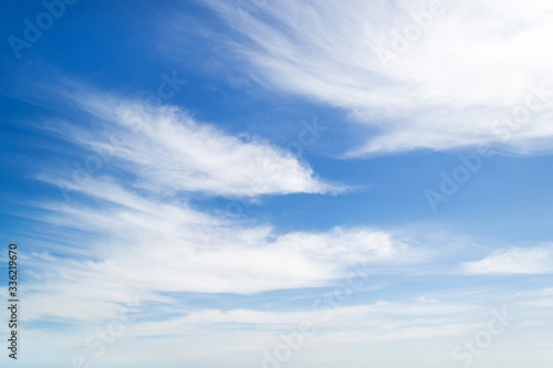 Light white fluffy stratus clouds high in the blue sky on a sunny spring day. Weather and different cloud types. Scenic cloudscape.