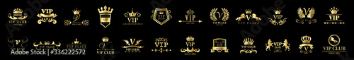Golden Vip Logo Set - Isolated On Black Background, Vector Illustration. Icons Collection Of Golden Vip Logo, Gold Emblem And Label. Useful For Badge, Seal And Design Template. Luxury Logo Vector