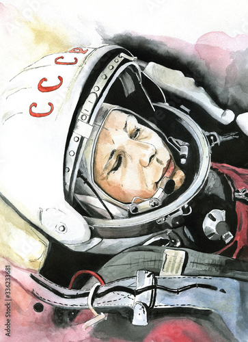 Watercolor portrait of Yuri Gagarin, a cosmonaut