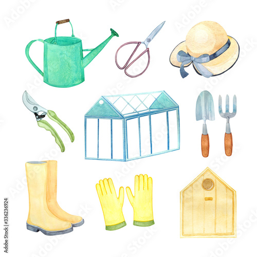 Set of watercolor elements for gardening. Greenhouse, birdhouse, watering can, garden tools, rubber boots and a hat for the garden. 