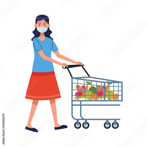 woman using face mask with shopping cart in supermarket
