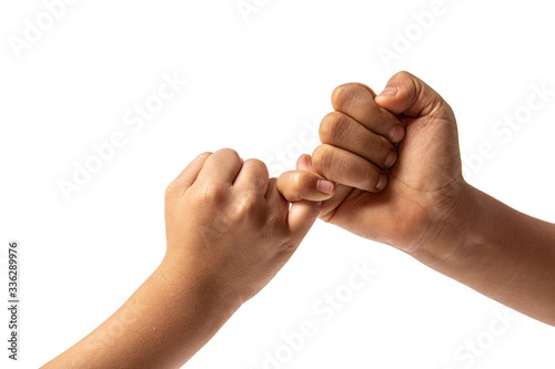 Hand of two young boy making a pinky promise isolated on white background. Promises to do business together.