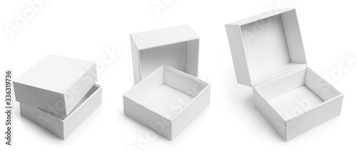 Collection of white empty carton boxes, isolated on white background