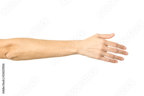 Giving hand for handshake. Woman hand gesturing isolated on white