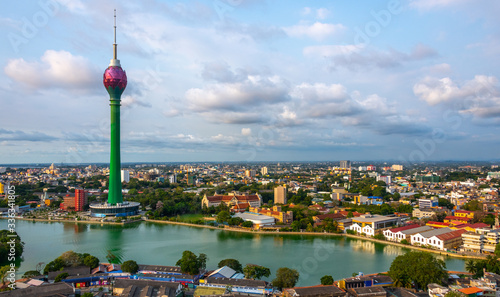 Lotus Tower and buildings along lake in downtown Colombo Sri Lanka