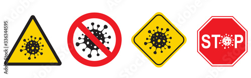 SARS-CoV-2 coronavirus (2019-nCoV) causes disease Covid-19 typography design concept prohibit sign set. Vector illustration for poster, banner, flyer