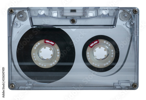 Old vintage cassette tapes on white background. Single classic audio cassette tape.