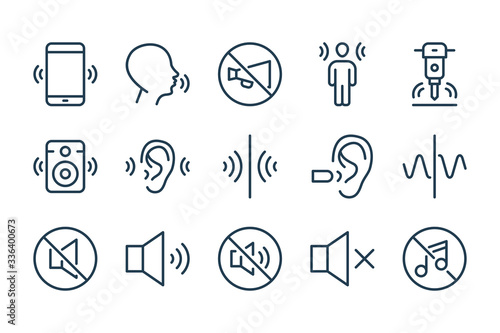 Noise and Sound pollution line icons. Loud sound and Echo vector linear icon set.