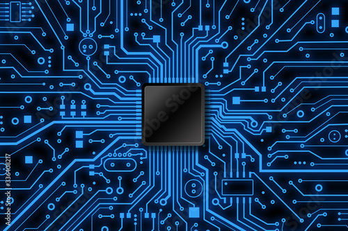 Overhead view of electronic microcircuit and microchip with blank space for design. Illustration