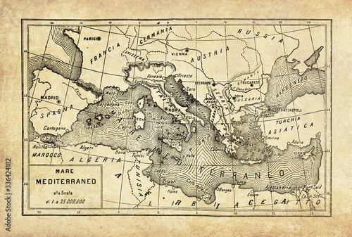 Ancient map of Mediterranean sea enclosed by Southern Europe and North Africa connected to the Atlantic Ocean by the Strait of Gibraltar, with geographical Italian names and descriptions