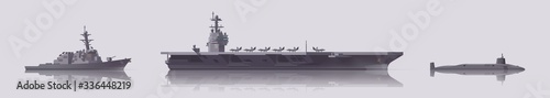 Vector warship set. Aircraft carrier destroyer and submarine. Isolated illustration