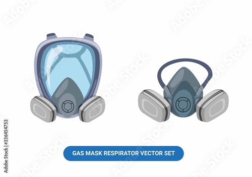 Masker gas respirator workwear in full face and half face vector set cartoon illustration isolated in white background