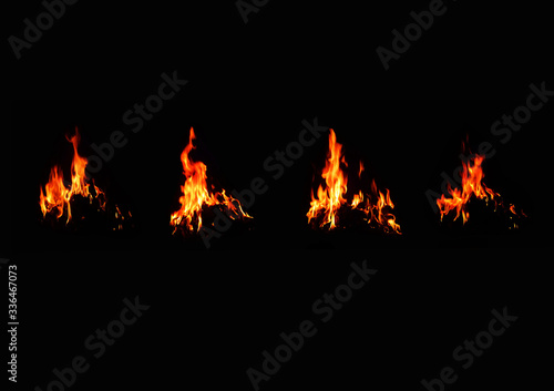 Set of 4 flame images, set on a black background. Thermal power